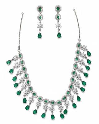 Emerald Fringe CZ Necklace Set | Rhodium-Plated Green & White Cubic Zirconia Cocktail Statement Jewellery 3