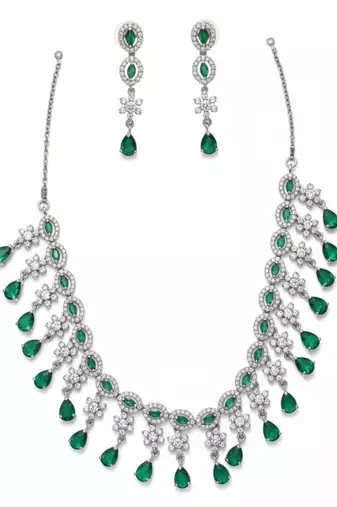 Emerald Fringe CZ Necklace Set | Rhodium-Plated Green & White Cubic Zirconia Cocktail Statement Jewellery