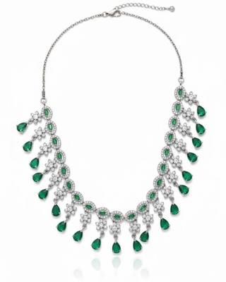 Emerald Fringe CZ Necklace Set | Rhodium-Plated Green & White Cubic Zirconia Cocktail Statement Jewellery 4