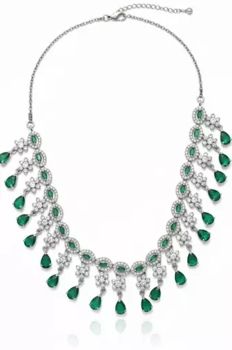 Emerald Fringe CZ Necklace Set | Rhodium-Plated Green & White Cubic Zirconia Cocktail Statement Jewellery