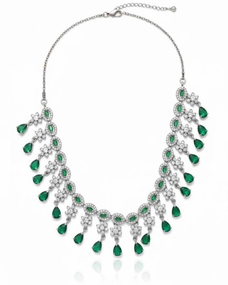 Emerald fringe cz necklace set (rhodium finish)