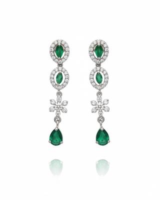 Emerald Fringe CZ Necklace Set | Rhodium-Plated Green & White Cubic Zirconia Cocktail Statement Jewellery 5