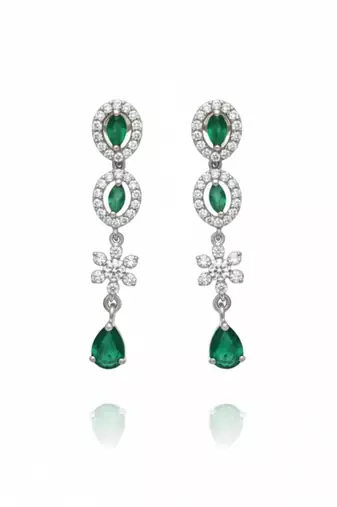 Emerald Fringe CZ Necklace Set | Rhodium-Plated Green & White Cubic Zirconia Cocktail Statement Jewellery