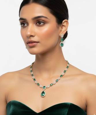 Emerald Halo Link Necklace Set | Green & White Stone Indian Cocktail Jewellery | 18K Gold Plated 1