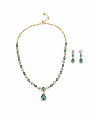 Emerald Halo Link Necklace Set | Green & White Stone Indian Cocktail Jewellery | 18K Gold Plated 2