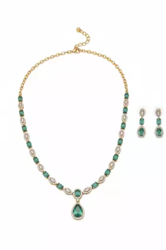 Emerald Halo Link Necklace Set | Green & White Stone Indian Cocktail Jewellery | 18K Gold Plated