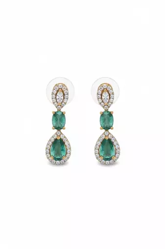 Emerald Halo Link Necklace Set | Green & White Stone Indian Cocktail Jewellery | 18K Gold Plated