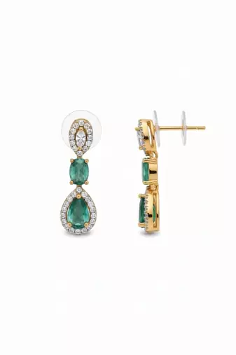 Emerald Halo Link Necklace Set | Green & White Stone Indian Cocktail Jewellery | 18K Gold Plated