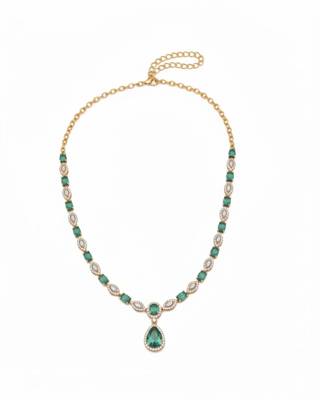 Emerald Halo Link Necklace Set | Green & White Stone Indian Cocktail Jewellery | 18K Gold Plated 5
