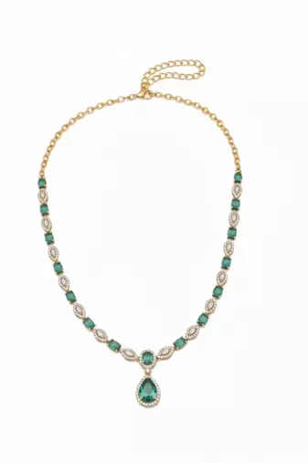 Emerald Halo Link Necklace Set | Green & White Stone Indian Cocktail Jewellery | 18K Gold Plated