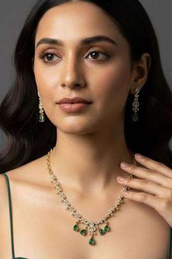 Emerald teardrop cz necklace set(necklace & earrings)