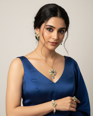 White and Blue Pearl Floral Jewellery Set | Gold-Plated Pearl Beaded Pendant, Earrings, Bracelet & Ring Festive Set 1