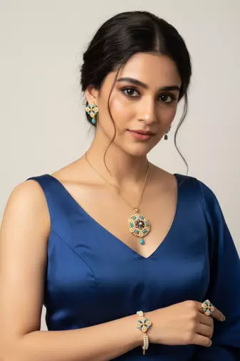 White and Blue Pearl Floral Jewellery Set | Gold-Plated Pearl Beaded Pendant, Earrings, Bracelet & Ring Festive Set