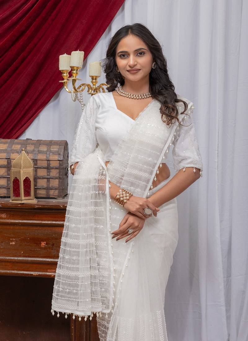 White Color Sequins And Embroidery with Beads Work Butterfly Net