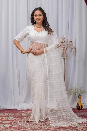 White Color Sequins And Embroidery with Beads Work Butterfly Net