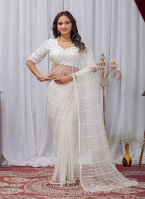White Color Sequins And Embroidery with Beads Work Butterfly Net 1