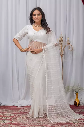 White Color Sequins And Embroidery with Beads Work Butterfly Net