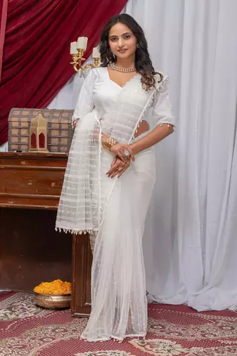 White Color Sequins And Embroidery with Beads Work Butterfly Net
