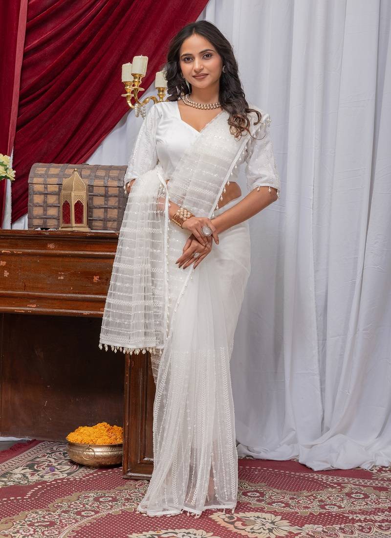 White Color Sequins And Embroidery with Beads Work Butterfly Net