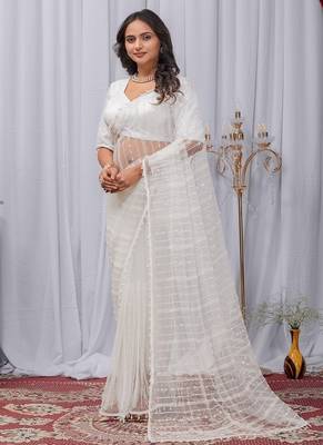 White Color Sequins And Embroidery with Beads Work Butterfly Net 4