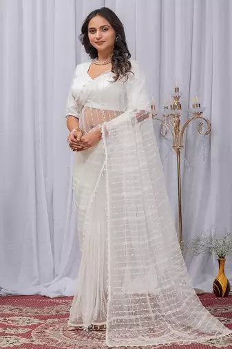White Color Sequins And Embroidery with Beads Work Butterfly Net