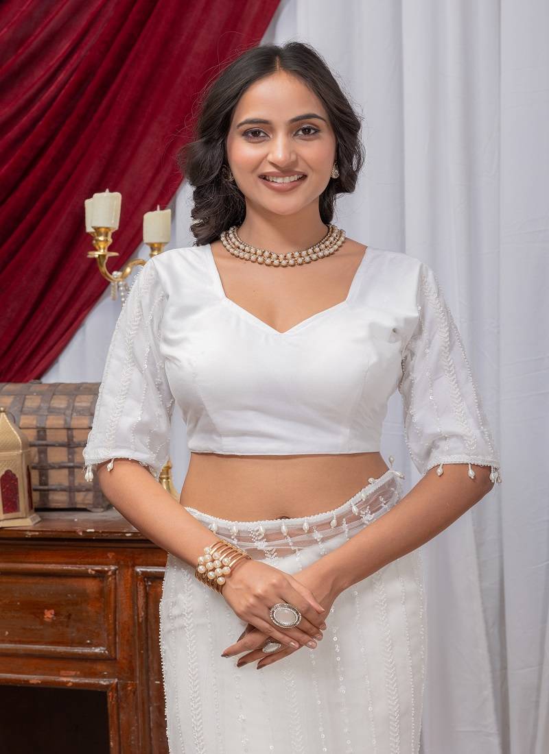 White Color Sequins And Embroidery with Beads Work Butterfly Net