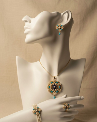 White and Blue Pearl Floral Jewellery Set | Gold-Plated Pearl Beaded Pendant, Earrings, Bracelet & Ring Festive Set 3