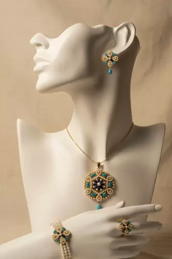 White and Blue Pearl Floral Jewellery Set | Gold-Plated Pearl Beaded Pendant, Earrings, Bracelet & Ring Festive Set