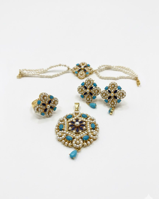 White and Blue Pearl Floral Jewellery Set | Gold-Plated Pearl Beaded Pendant, Earrings, Bracelet & Ring Festive Set 4