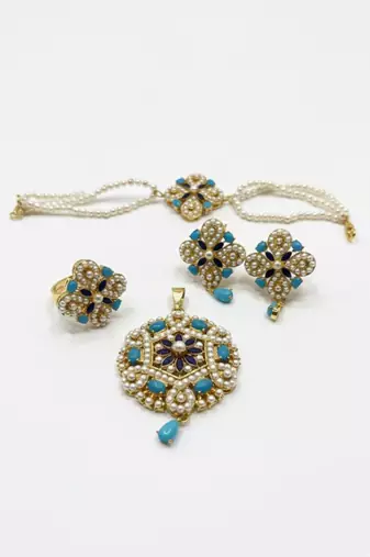 White and Blue Pearl Floral Jewellery Set | Gold-Plated Pearl Beaded Pendant, Earrings, Bracelet & Ring Festive Set