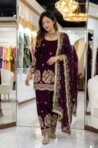 Maroon embroidery Blend Tissue farshi salwar