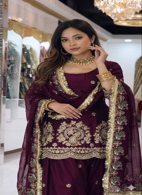 Maroon embroidery Blend Tissue farshi salwar 2
