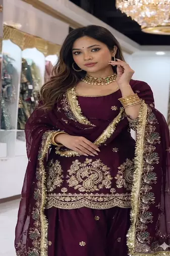Maroon embroidery  fandy silk full stitched farshi salwar