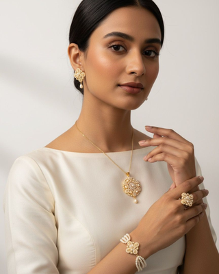 Ivory pearl floral set (pendant, earrings, bracelet, adjustable ring) 1