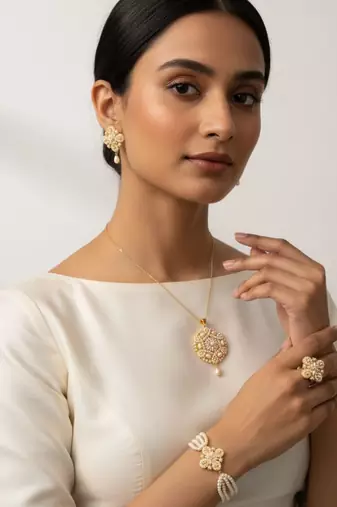 Ivory pearl floral set (pendant, earrings, bracelet, adjustable ring)