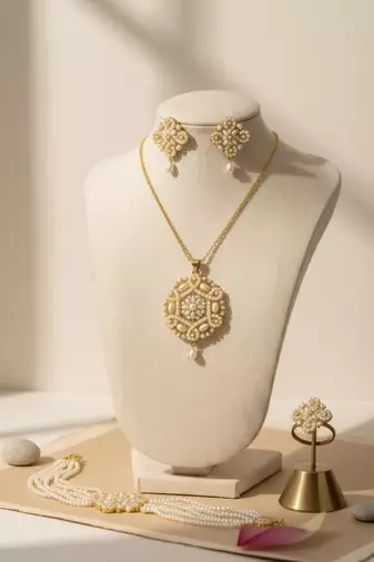 White Pearl Floral Jewellery Set | Gold-Plated Pearl Beaded Pendant, Earrings, Bracelet & Ring Festive Set