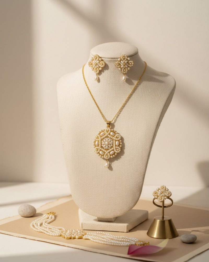 Ivory pearl floral set (pendant, earrings, bracelet, adjustable ring)