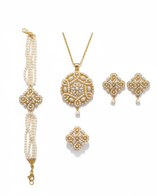 Ivory pearl floral set (pendant, earrings, bracelet, adjustable ring) 3