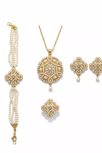 White Pearl Floral Jewellery Set | Gold-Plated Pearl Beaded Pendant, Earrings, Bracelet & Ring Festive Set