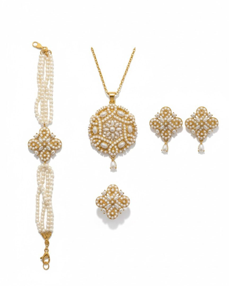 Ivory pearl floral set (pendant, earrings, bracelet, adjustable ring)