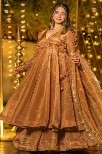 Copper embroidery fendy fully stitched anarkali set