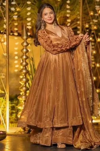 Copper embroidery fendy fully stitched anarkali set