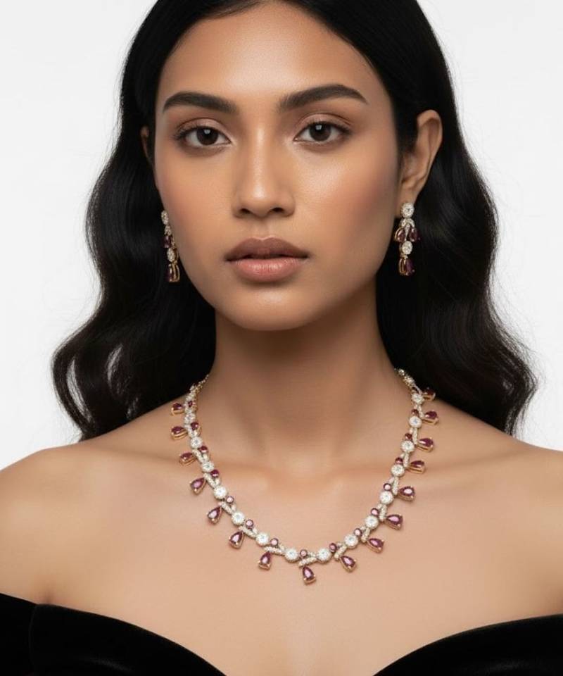 Ruby teardrop pave necklace set(necklace & earrings)