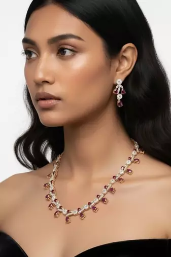 Ruby Teardrop Pavé Necklace Set with Earrings | 18K Gold Plated Red & White Stone Studded Cocktail Jewellery