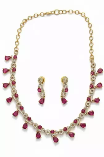 Ruby Teardrop Pavé Necklace Set with Earrings | 18K Gold Plated Red & White Stone Studded Cocktail Jewellery