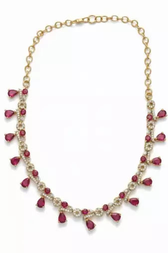 Ruby Teardrop Pavé Necklace Set with Earrings | 18K Gold Plated Red & White Stone Studded Cocktail Jewellery