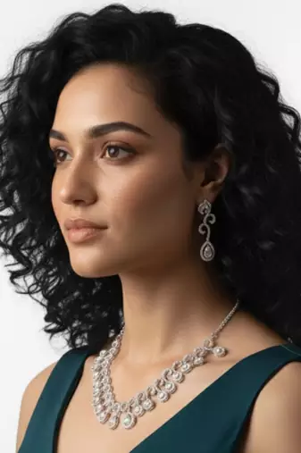Teardrop Halo CZ Necklace Set | Rhodium-Plated White Stone Cubic Zirconia Diamond-Look Cocktail Jewellery