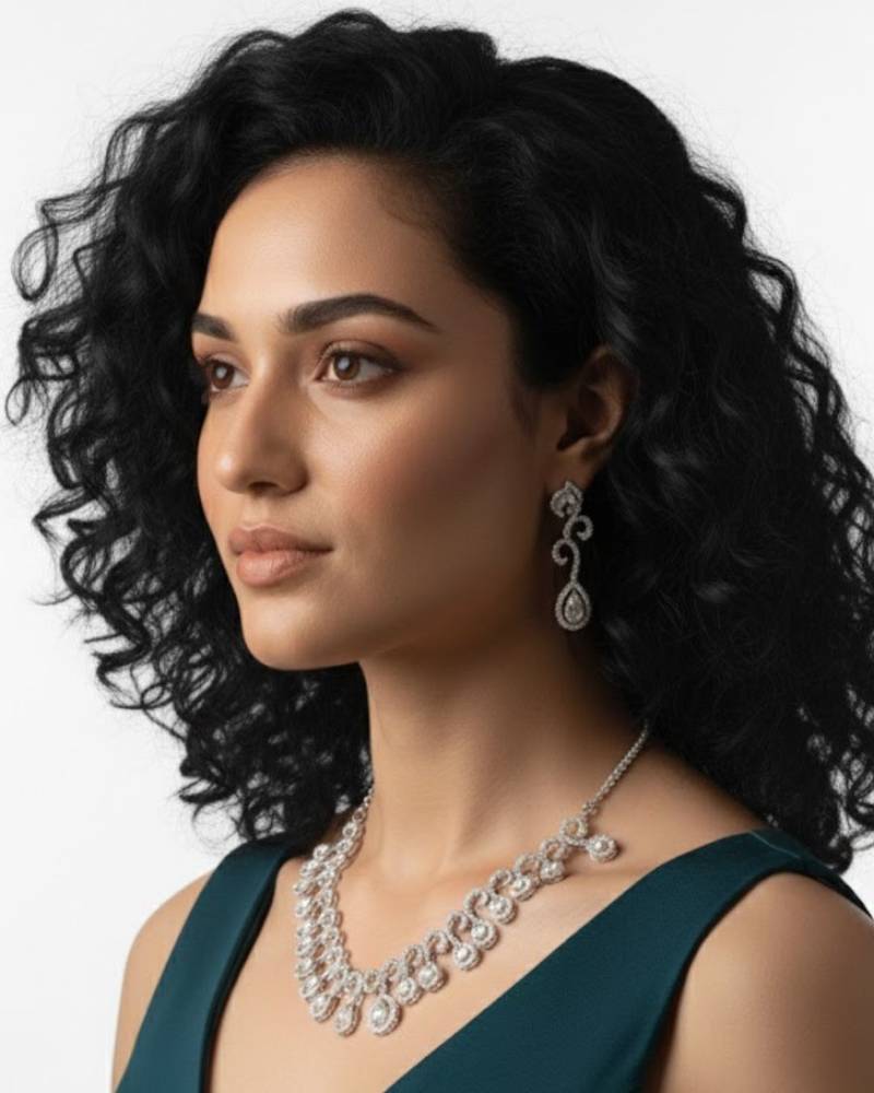 Teardrop halo cz necklace set (rhodium finish)