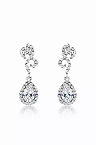 Teardrop Halo CZ Necklace Set | Rhodium-Plated White Stone Cubic Zirconia Diamond-Look Cocktail Jewellery