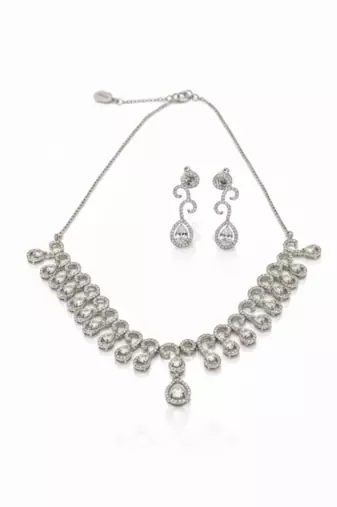 Teardrop Halo CZ Necklace Set | Rhodium-Plated White Stone Cubic Zirconia Diamond-Look Cocktail Jewellery